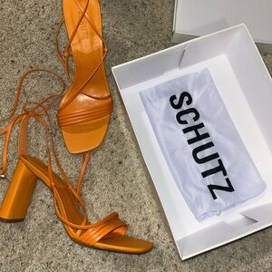 SCHUTZ Tangerine Orange Glenna Ankle Tie Heeled Sandal size 10